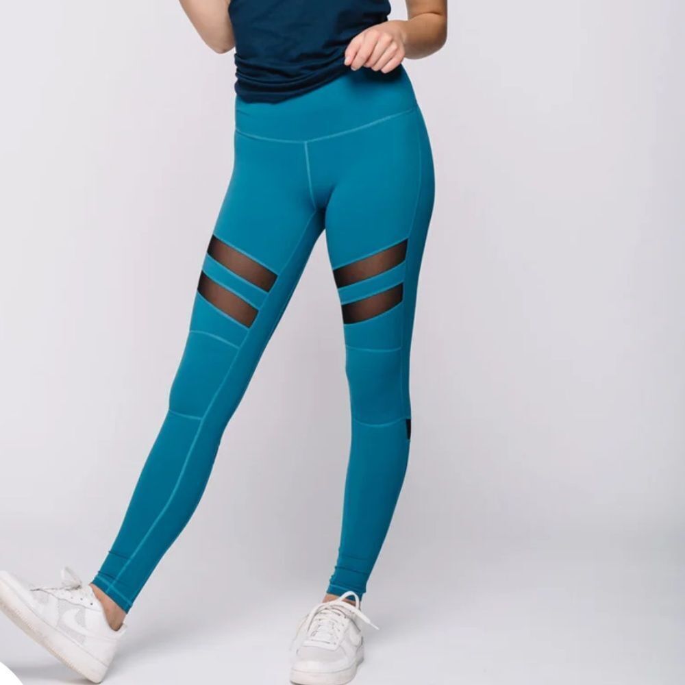 Kadyluxe High Waist Leggings Mesh Cutouts in‎ Teal/Black Women’s Size S